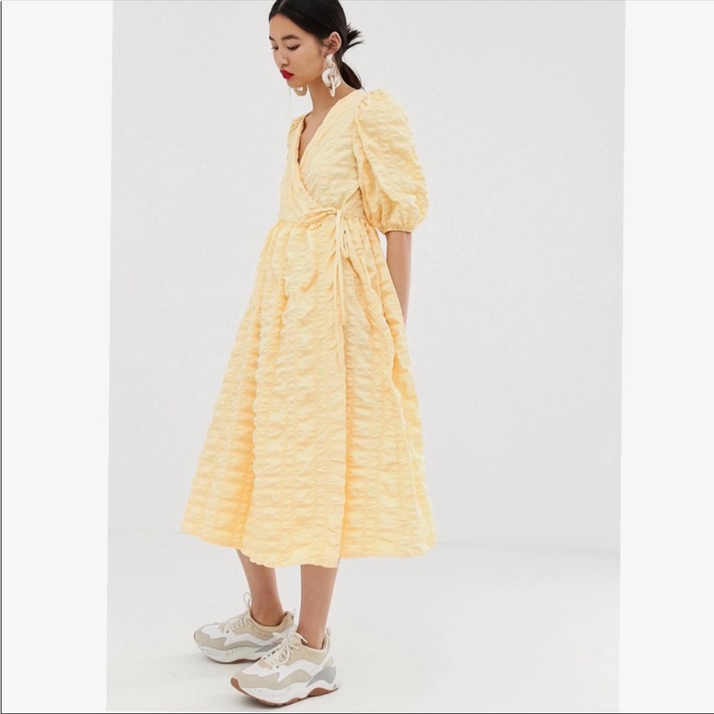 ASOS Cecilie bahnsen inspired yellow puff wrap midi dress